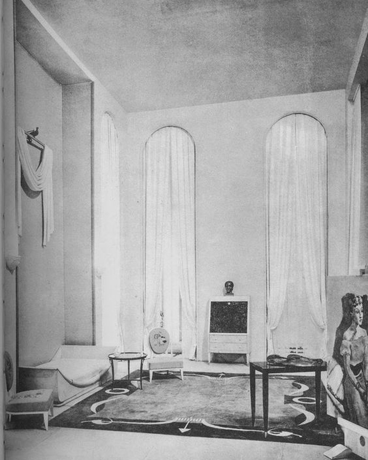 Art Deco interior with tall arched windows, archive photograph